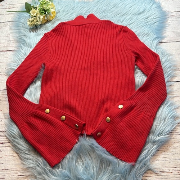 Anthropologie Maeve Bell Sleeve Red Polo Ribbed Crop Length Sweater sz S - Picture 12 of 13